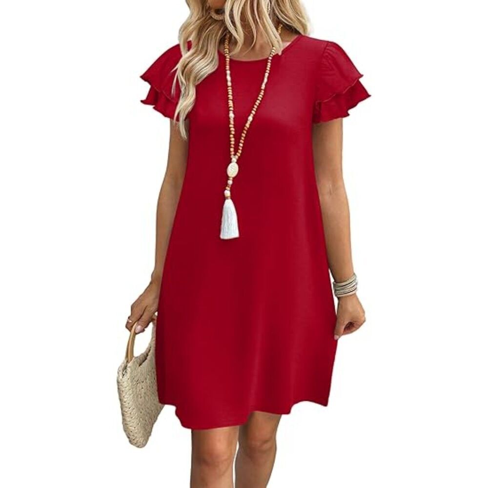 Women's Red Ruffle Sleeve Round Neck Loose with Pockets Plain Print Dress
